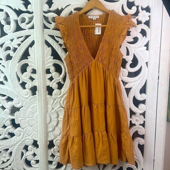 NWT HYFVE RARE FLAIR SMOCKED V-NECK TIERED MINI DRESS gold size S - Picture 1 of 8
